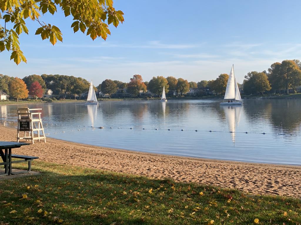 Lake beach with sailboats (illustrative)